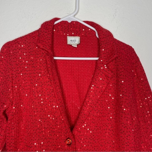 ECI New York Jacket Knit Red Sequin Collared Jacket Size Valentine's Day - Picture 2 of 8